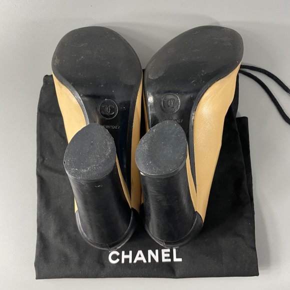 Authentic Chanel Tan and Black Cap-Toe Pumps,  Size 36 - Picture 9 of 12